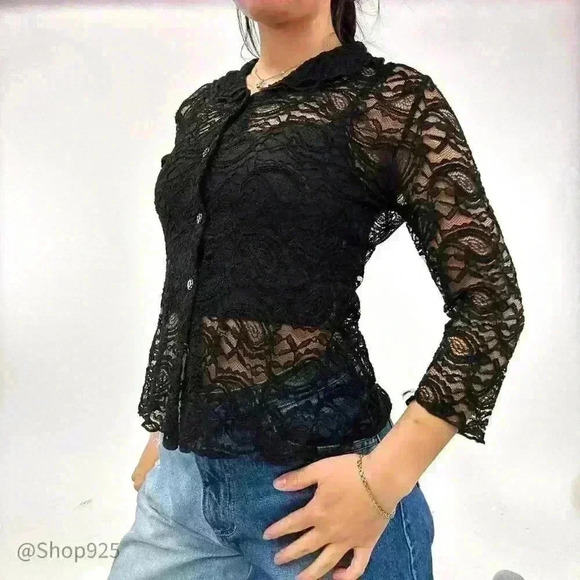 Women's  Long Sleeve Lace Black Blouse - Picture 3 of 5